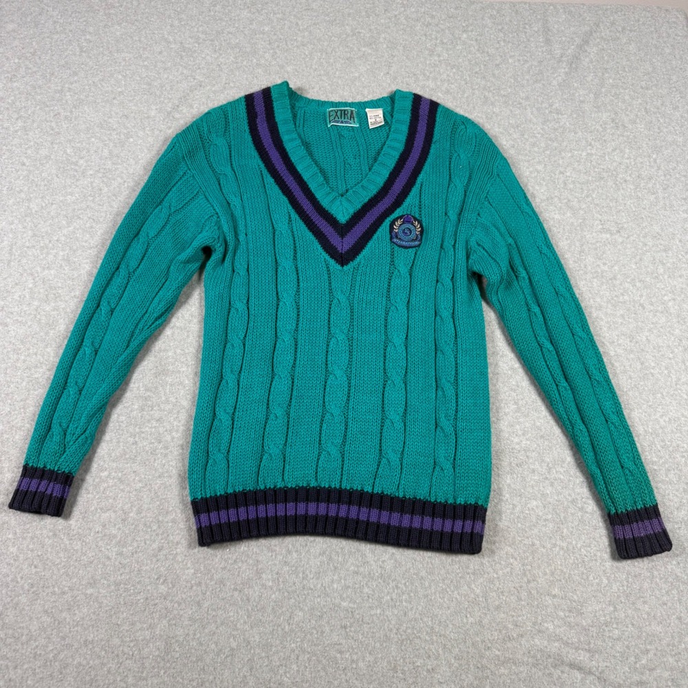 Extra Vintage Teal Cable Knit V-Neck Preppy Sweater Purple Stripe Crest Medium
